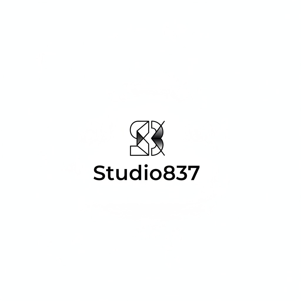 Studio837 logo med et geometrisk og stribet symbol over teksten.